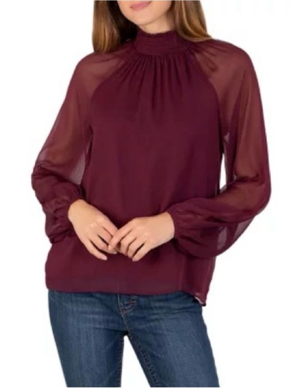 Joie Burgundy Sheer Bishop-Sleeve Blouse